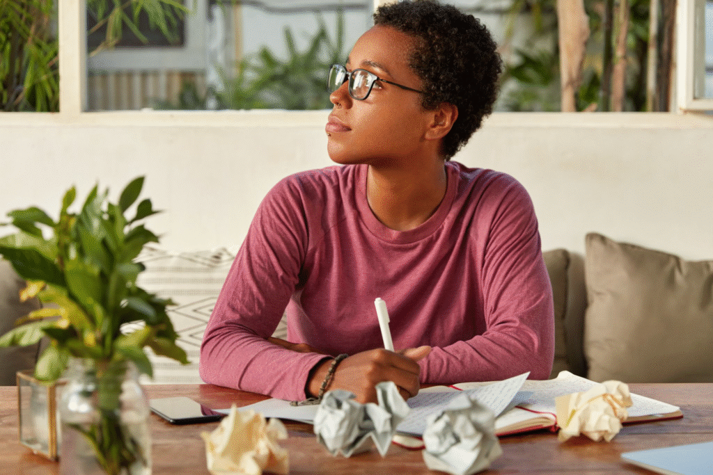 (thoughtful-black-girl-eyewear-focused-aside-tries-gather-with-thoughts_Image by wayhomestudio on Freepik)